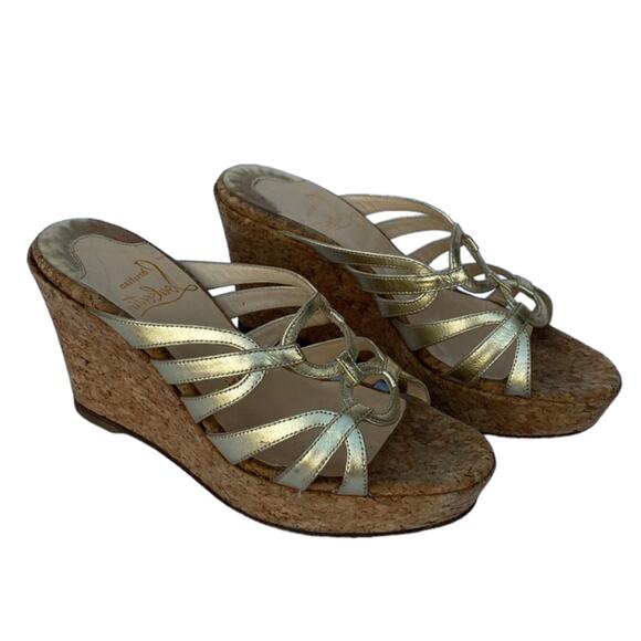 Louboutin 36 Gold Metallic Cork Wedge Mule Sandals - Picture 2 of 13